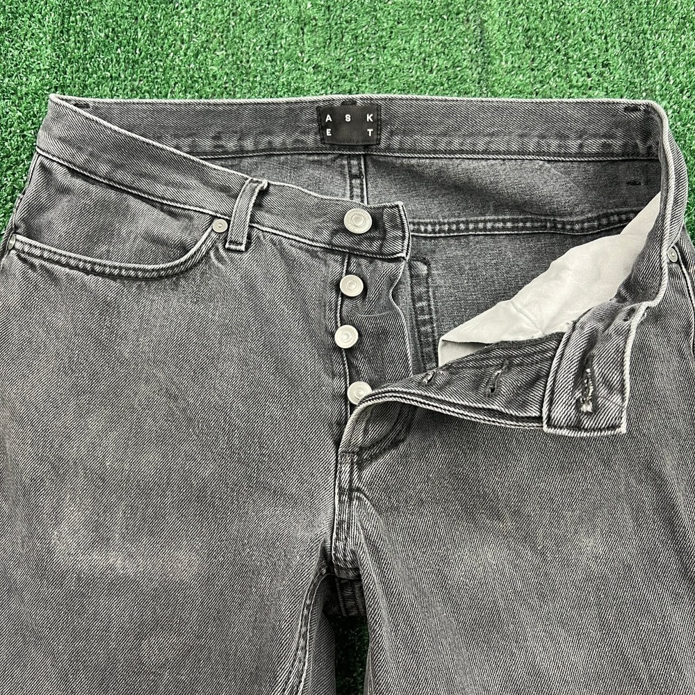 ASKET Mens Black Denim Jeans 30x29" Organic Cotton Straight Leg Denim Button Fly